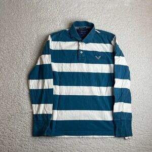 Y2K American eagle men's blue white stripe rugby shirt long sleeve skater 90s M